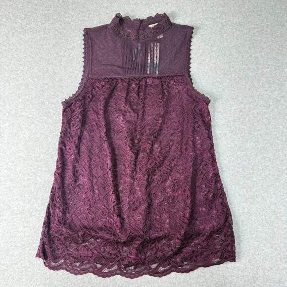 Oak & Trellis Eva High Neck Mesh Lace Tank Burgundy Size M Sleeveless Sheer Pane - Picture 1 of 6